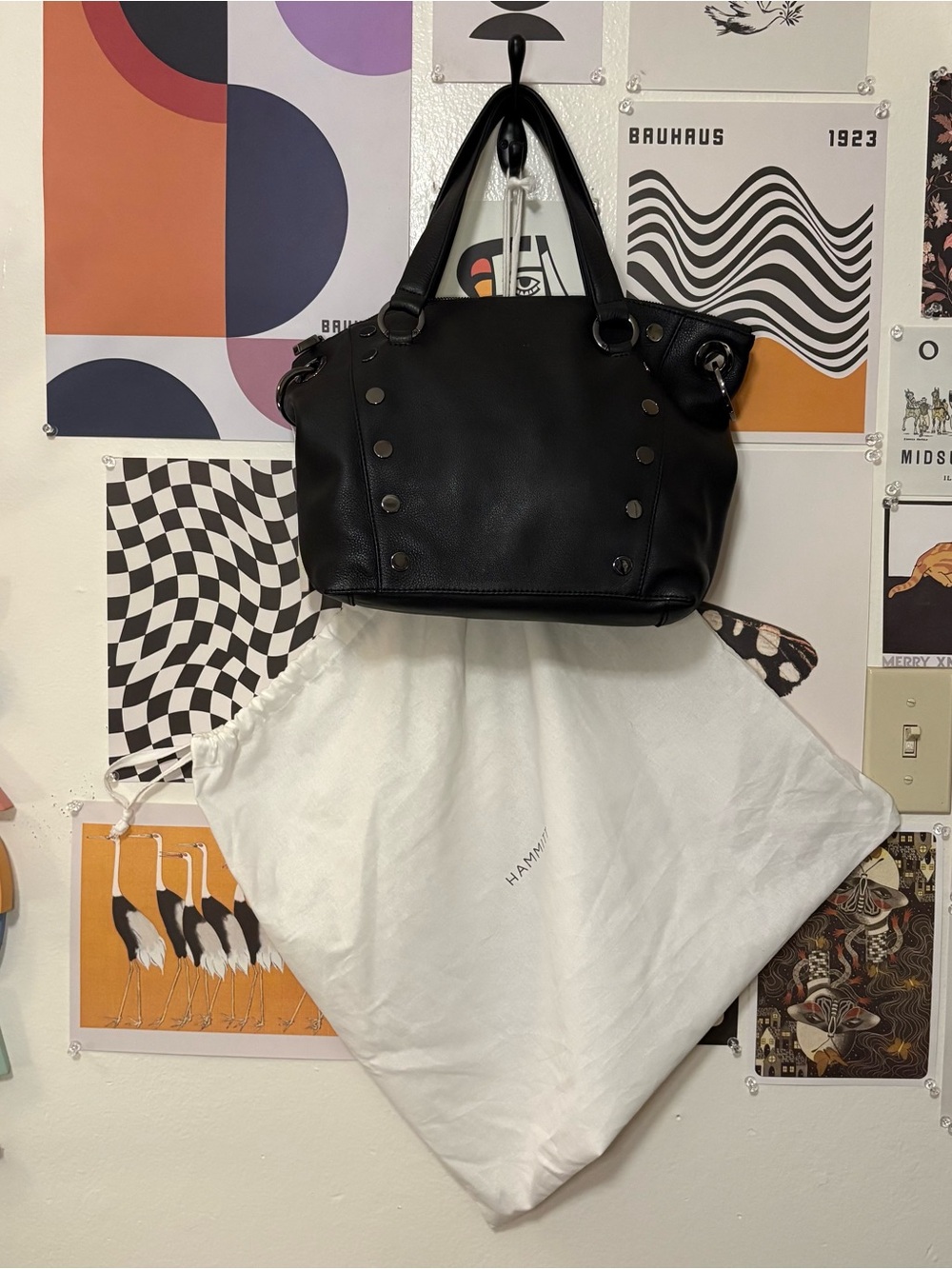 Hammitt Daniel Medium Black Pebbled Leather Studded Satchel Tote NWT